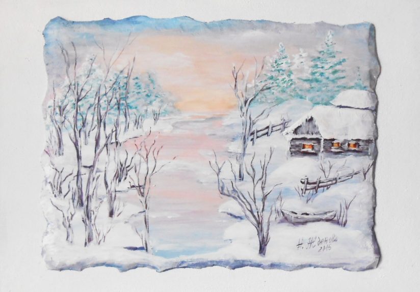 Пейзаж деревенский красивый зимний пейзаж живопись акрилом