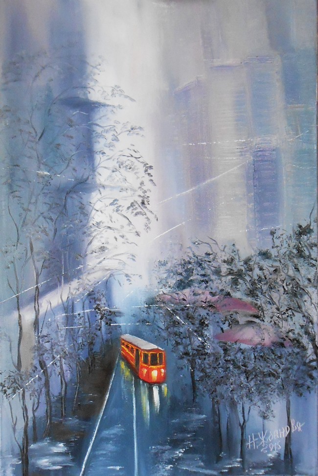Современный городской пейзаж картина маслом живопись Трамвай желания