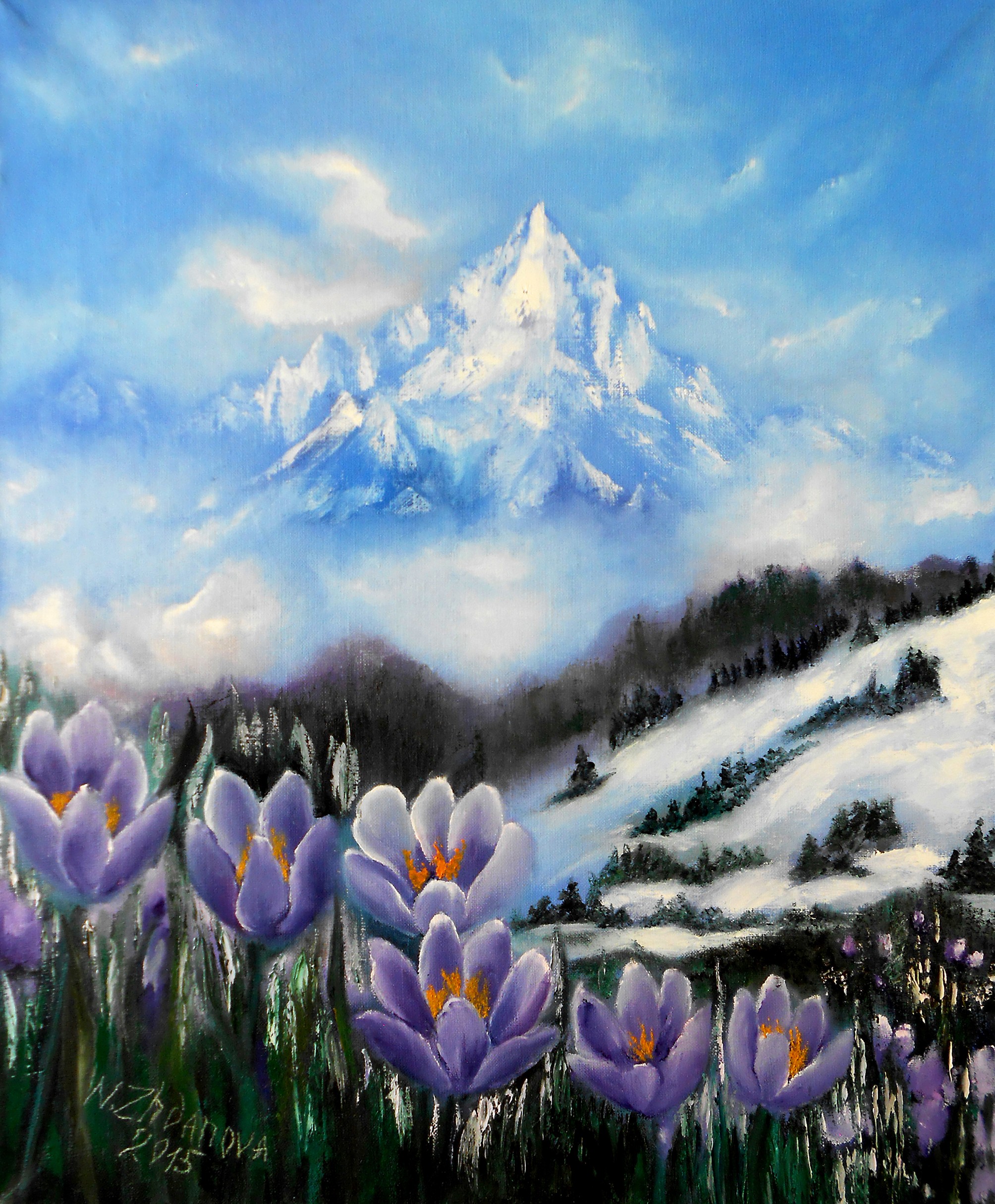 Зимний горный пейзаж с цветами картина Подснежники