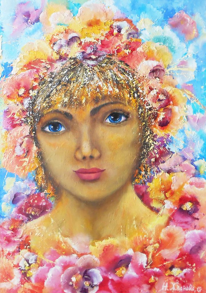картина девушка с цветами на голове