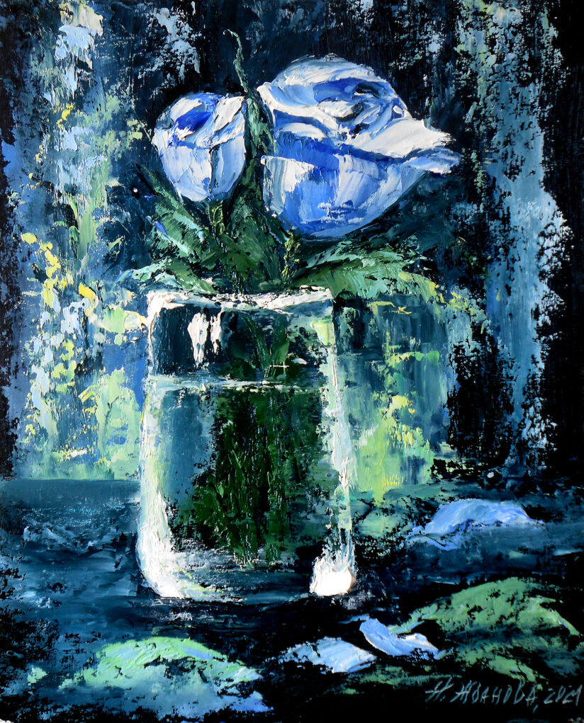 Голубая роза картина маслом для интерьера миниатюра