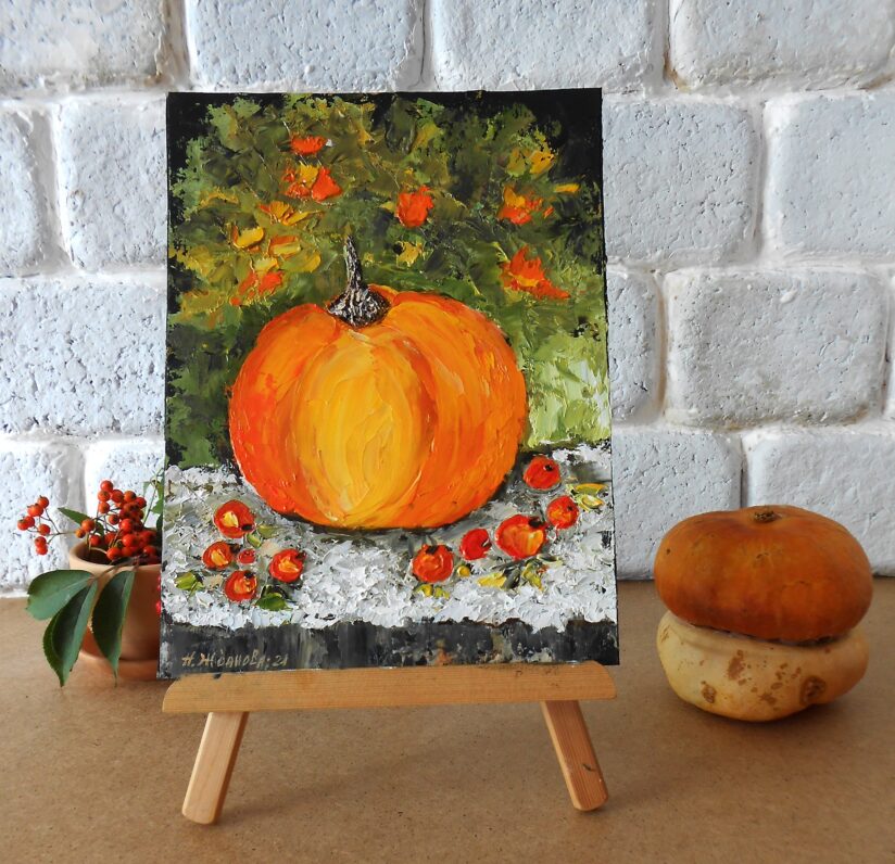 Осенний натюрморт тыквы маслом маленькая картина миниатюра для интерьера