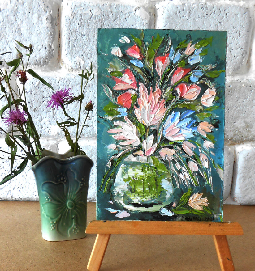 Натюрморт цветы маслом, Маленькая картина маслом полевые цветы в вазе