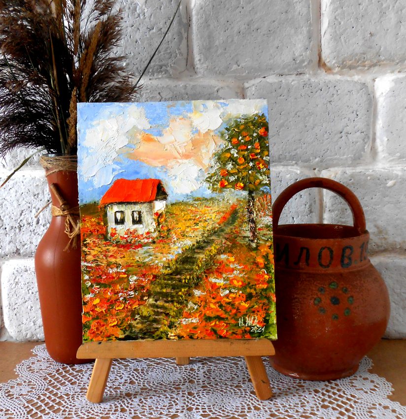 Картина летний пейзаж с домиками и маковое поле мастихином