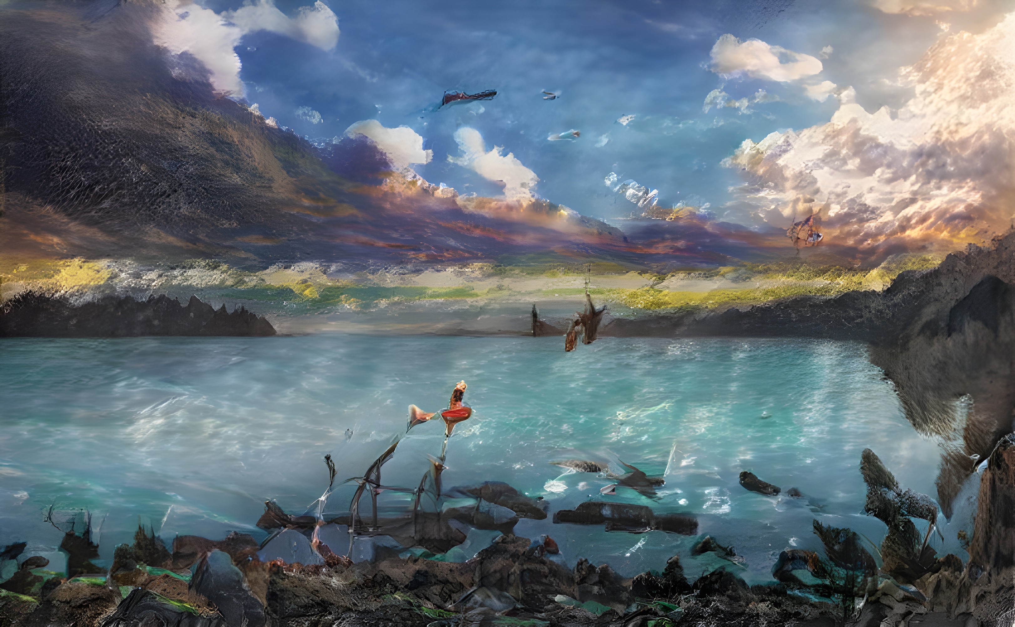 Фантастический пейзаж постер закат на море для интерьера