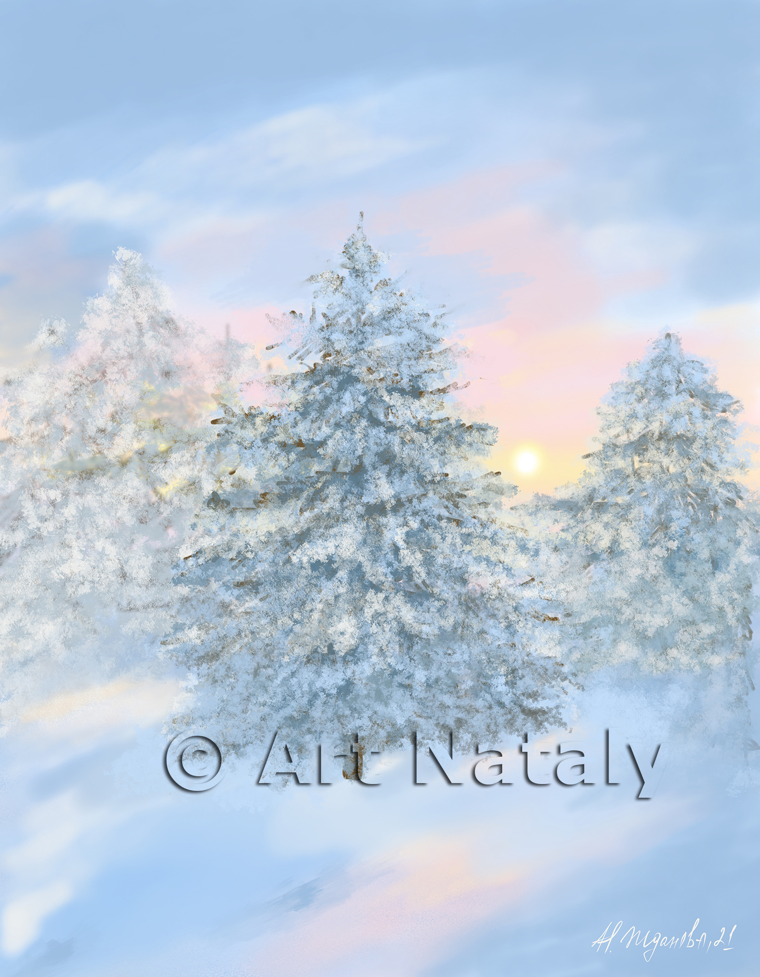 Зимний пейзаж с елками цифровая живопись принт картины постер на стену
