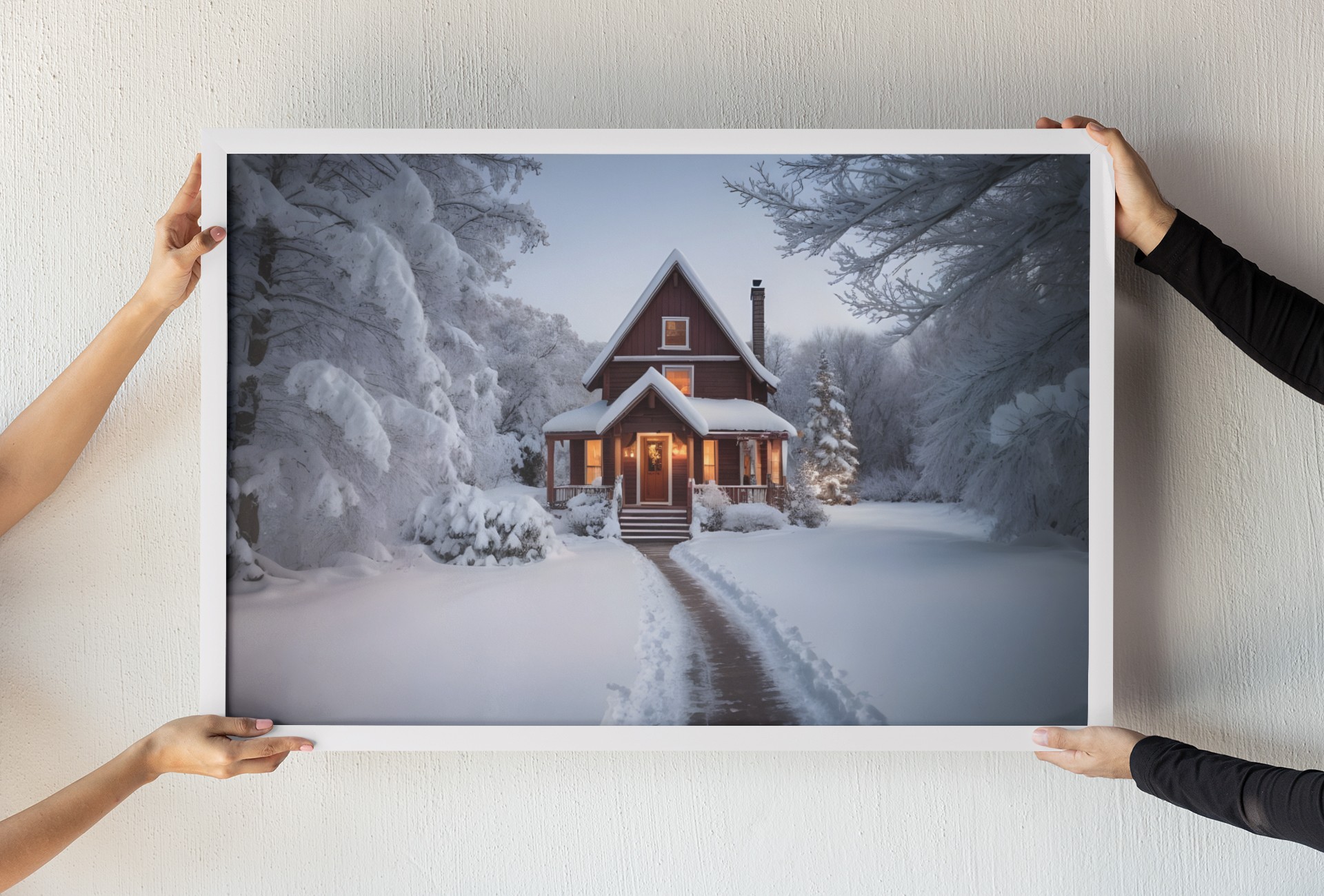 картина зимний пейзаж с домиком
