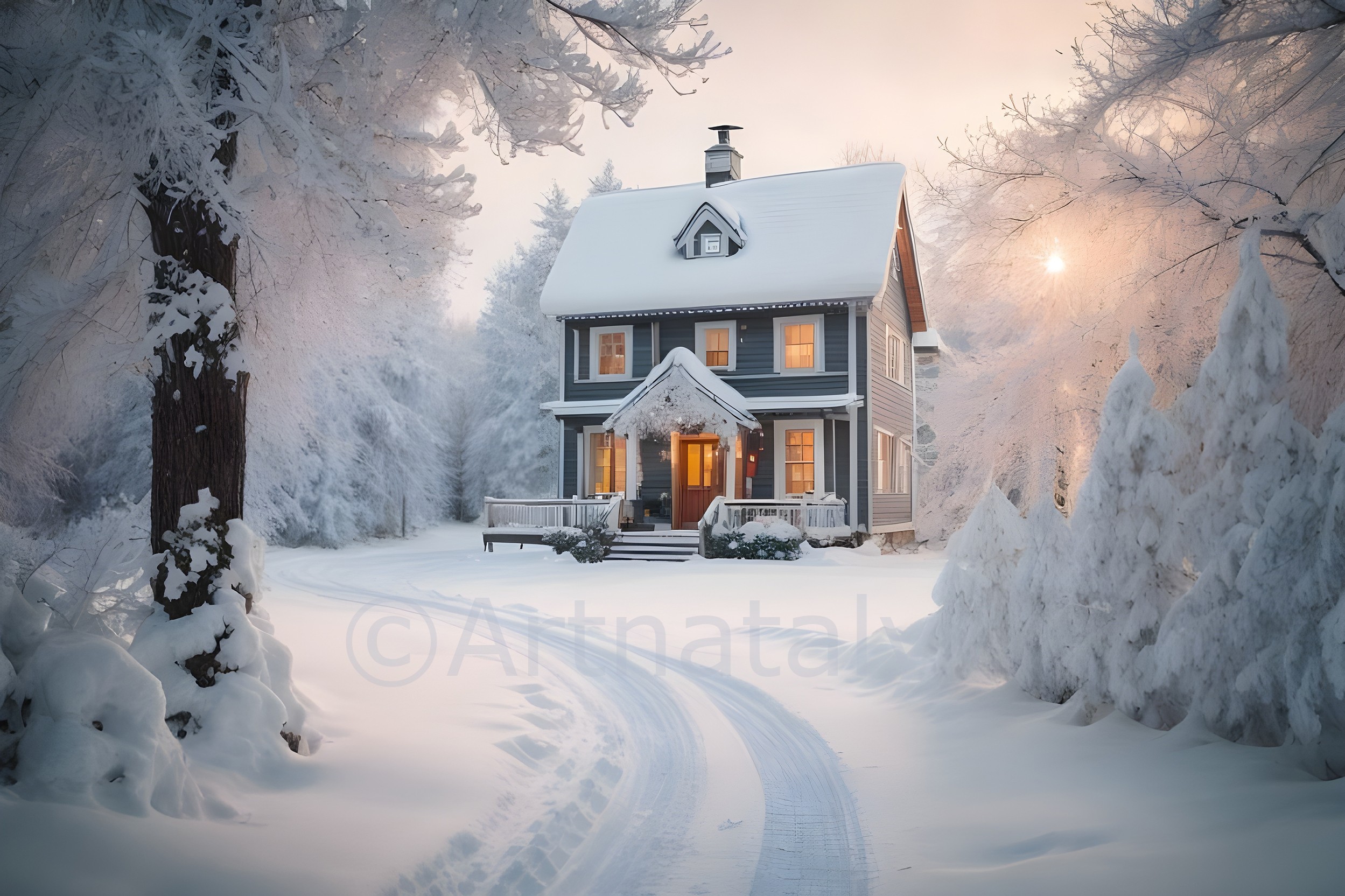 Цифровая картина с зимним пейзажем и домиком